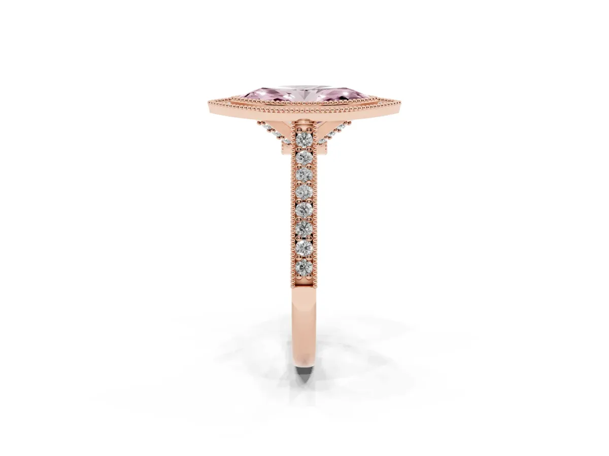 Fancy Pink Halo Marquise Cut-Cut Diamond Pave Band Milgrain Prong Setting Ring Rose gold
