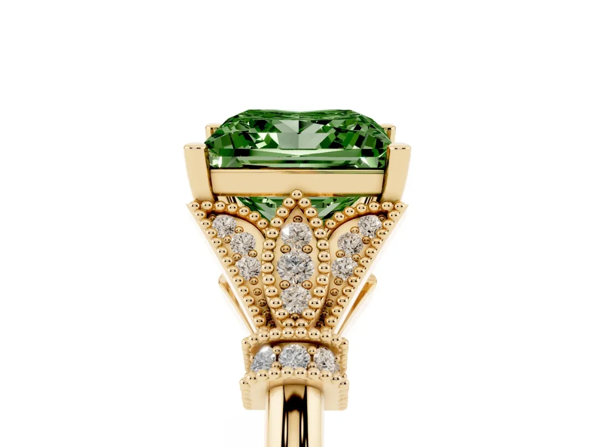 Fancy Green Princess Cut Diamond Solitaire Ring with Floral Filigree and Pave Accents Yellow gold