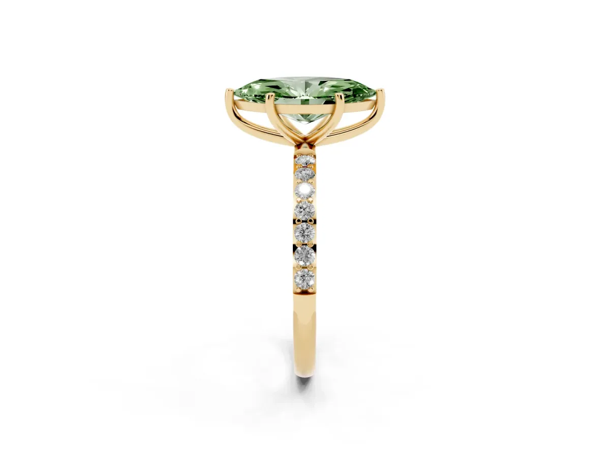 Fancy Green Marquise Cut Diamond Solitaire Ring with Round Pavé Shoulders and Prong Setting Yellow gold