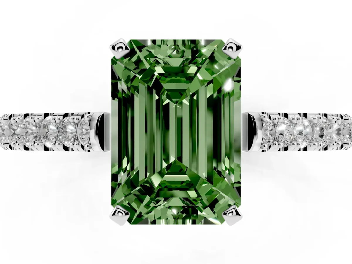 Fancy Green Emerald Cut Cut Solitaire Diamond Engagement Ring with Pave Band and Four-Prong Setting Platinum