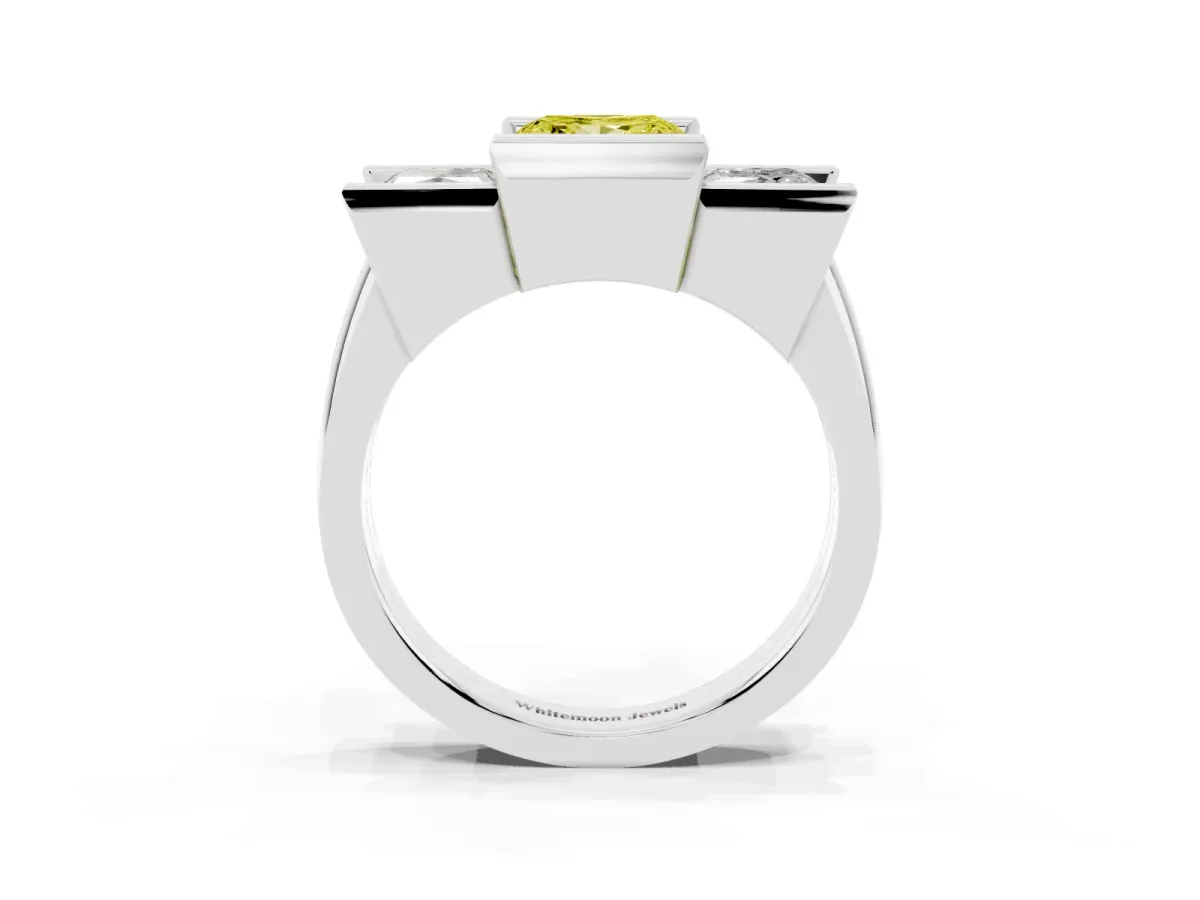 Fancy Yellow Three Stone Princess Cut Cut Channel Set Diamond Ring Silver