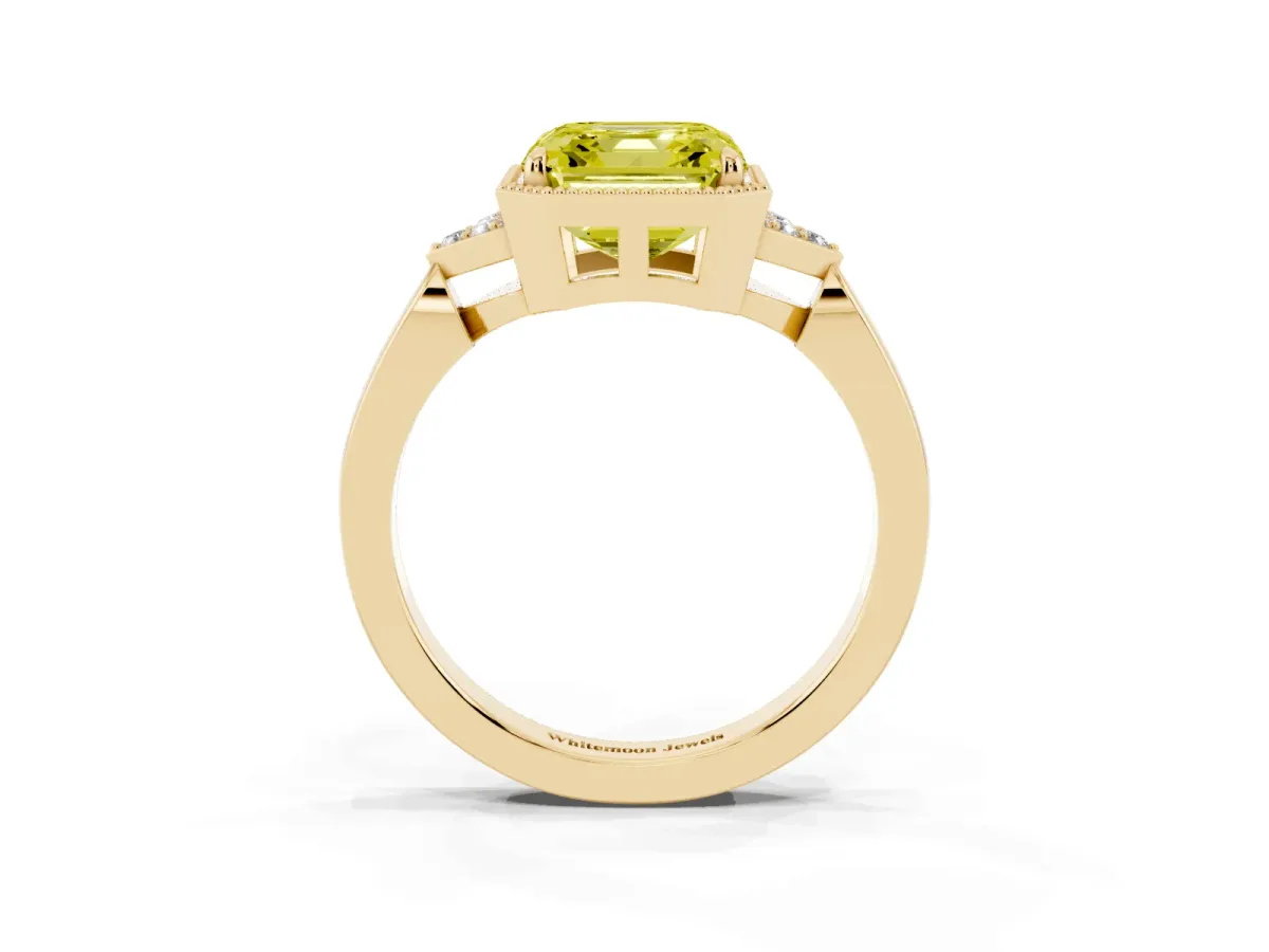 Fancy Yellow Asscher Cut Diamond Halo Ring with Tapered Band and Four-Prong Setting Yellow gold