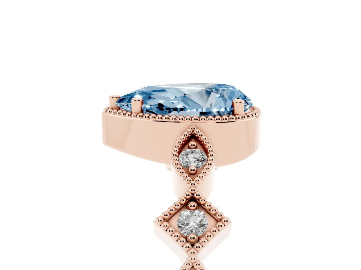 Fancy Blue Pear Cut Milgrain Marquise Diamond Twist Band Ring Rose gold