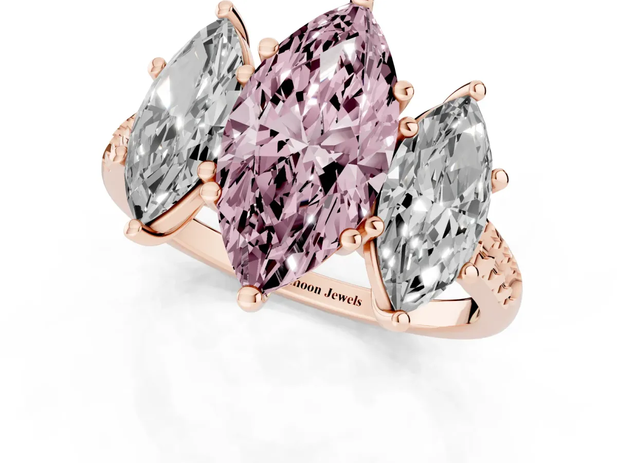 Fancy Pink Three-Stone Marquise Cut Diamond Ring with Round Pavé Band and Prong Setting Rose gold