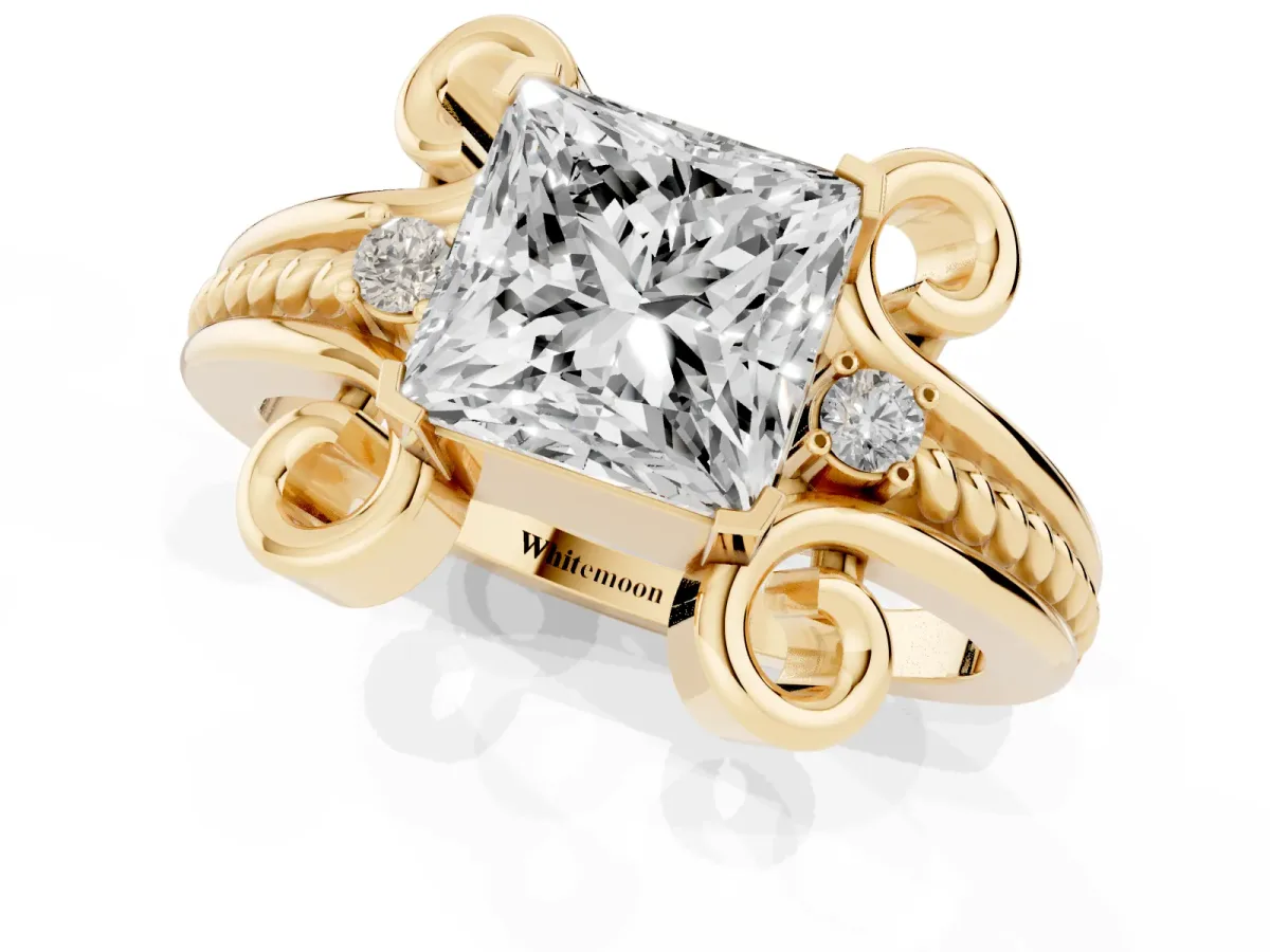 Princess Cut Solitaire Twisted Band Scroll Prong Ring Yellow gold