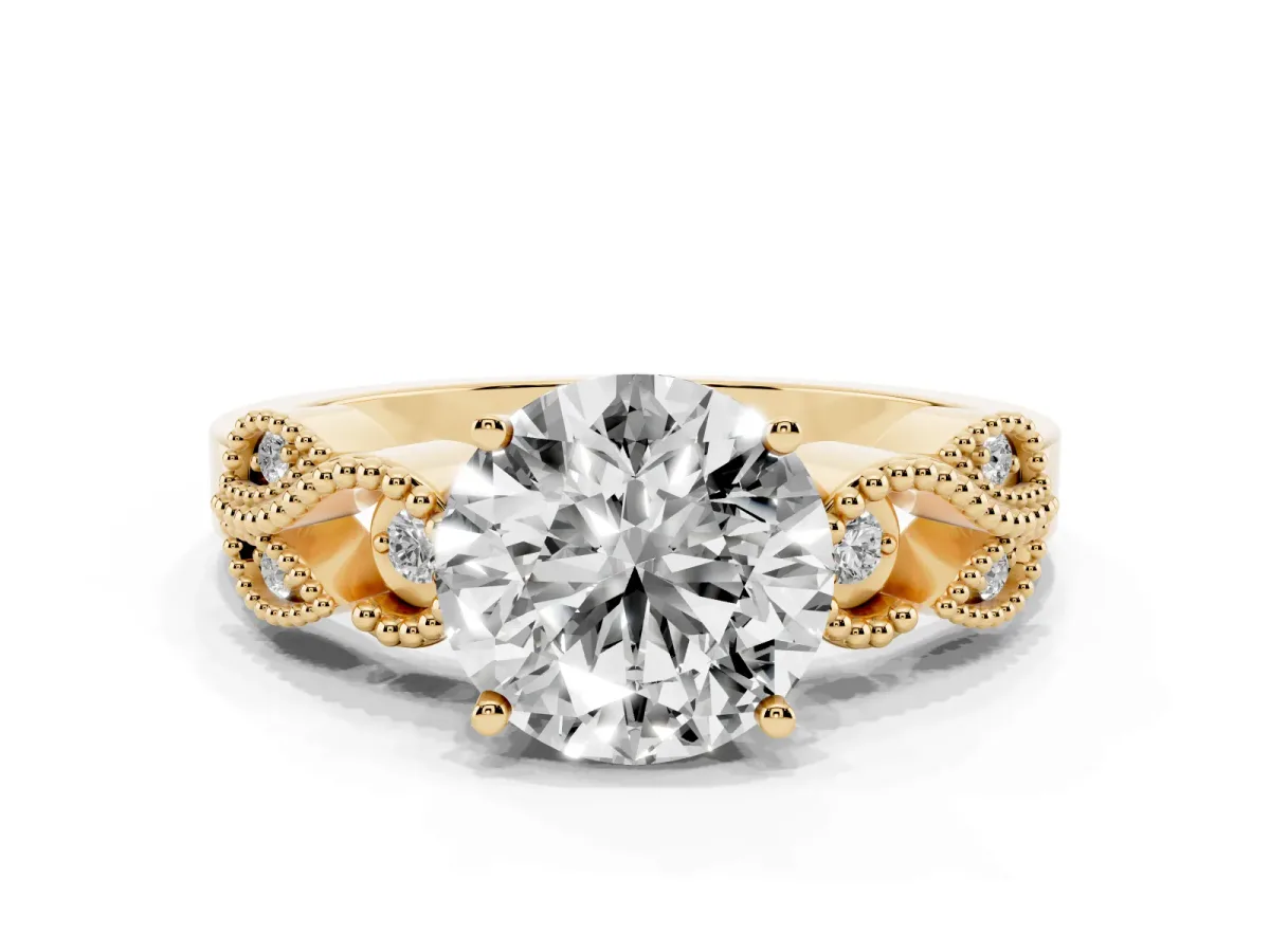 Round Cut Solitaire Milgrain Leaf Band with Prong Setting Yellow gold