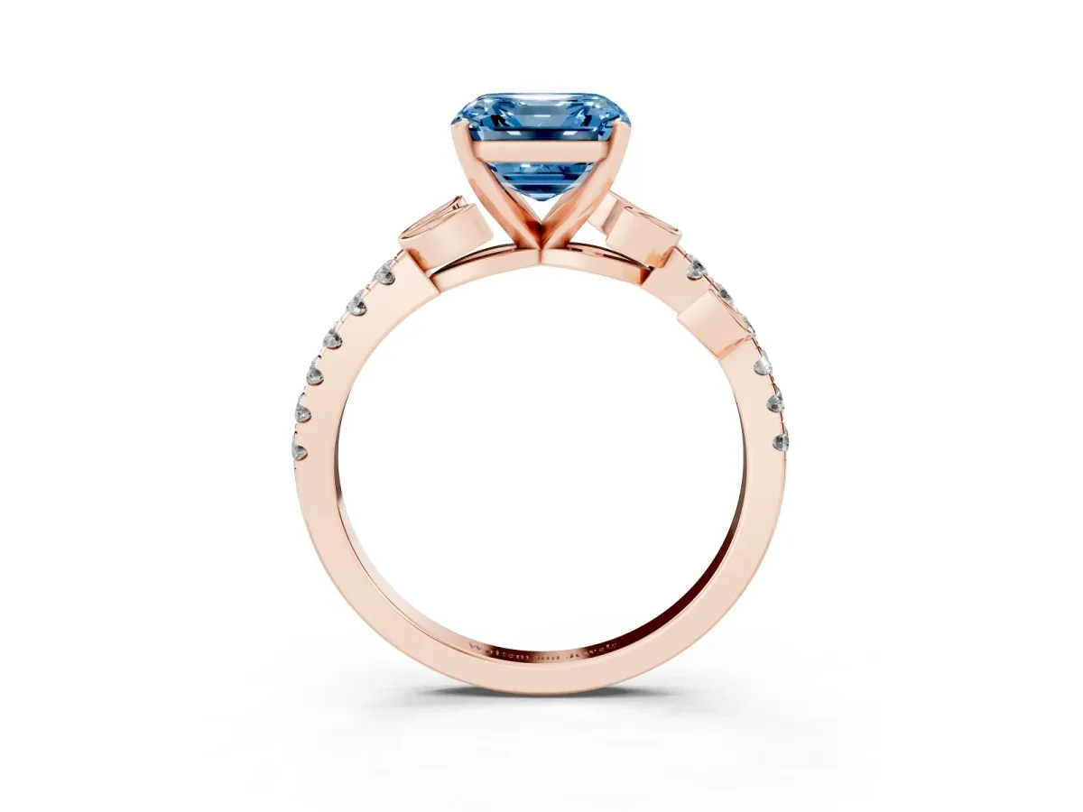 Fancy Blue Asscher Cut Solitaire Leaf-Inspired Diamond Ring with Pavé Band and Four-Prong Setting Rose gold