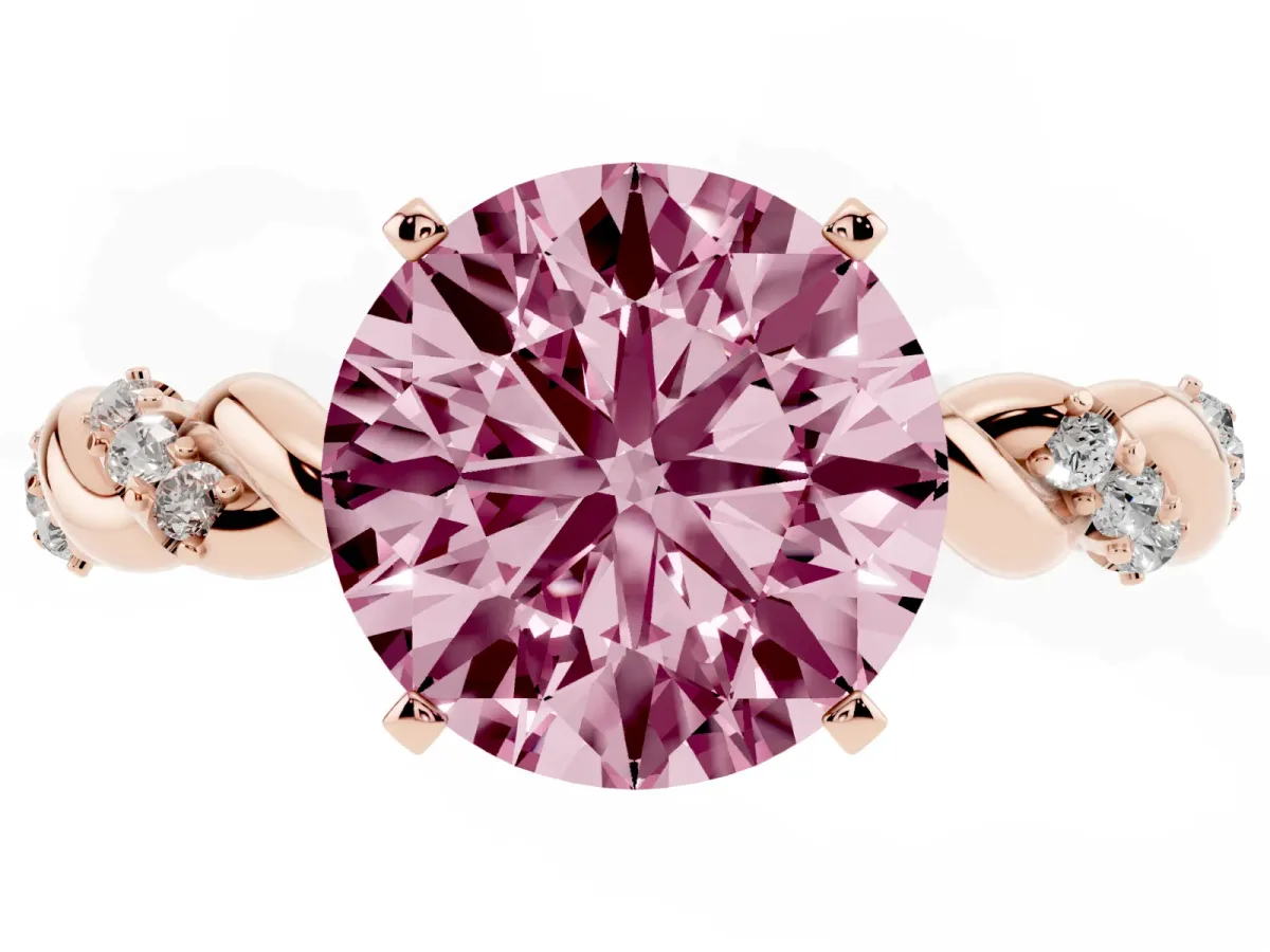 Fancy Pink Round Cut Diamond Solitaire Ring with Twisted Band and Pavé Accents Rose gold