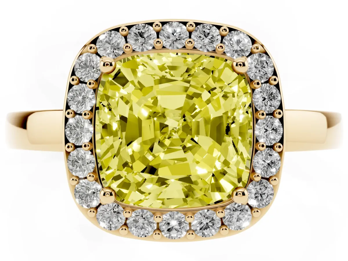 Fancy Yellow Cushion Cut Halo Diamond Ring with Solitaire Band and Prong Setting Yellow gold