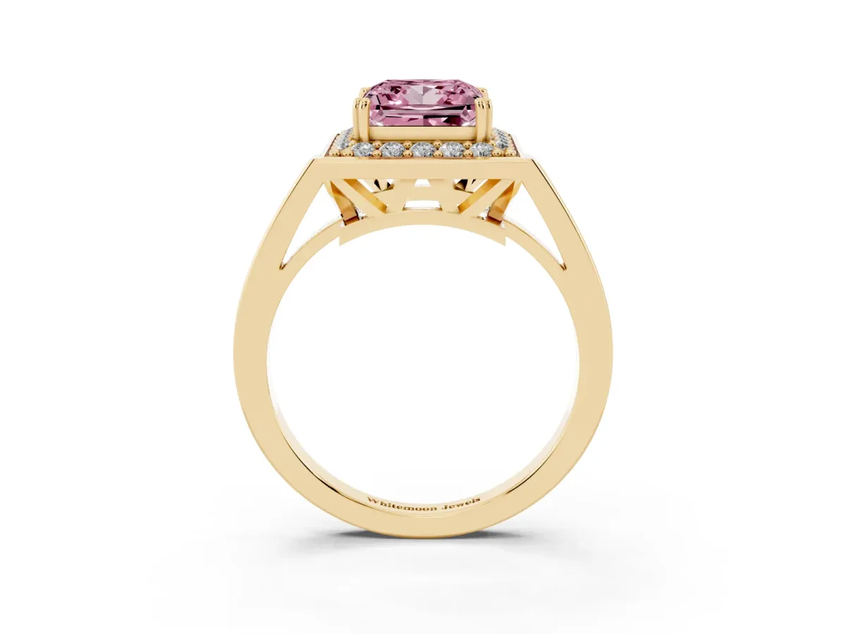 Fancy Pink Princess Cut Diamond Halo Ring with Split Shank and Four-Prong Setting Yellow gold