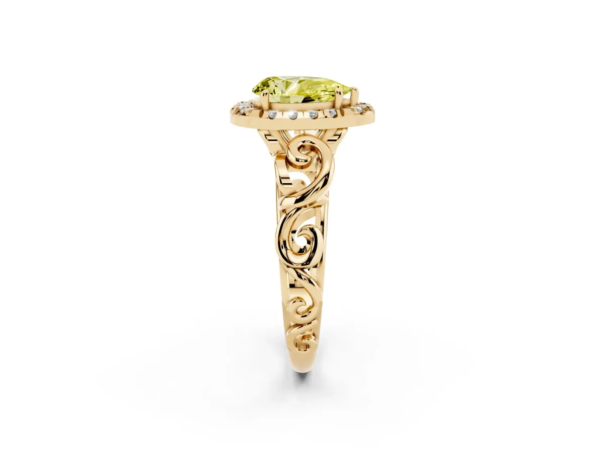 Fancy Yellow Pear Cut Cut Halo Diamond Ring with Scrollwork Band and Four-Prong Setting Yellow gold