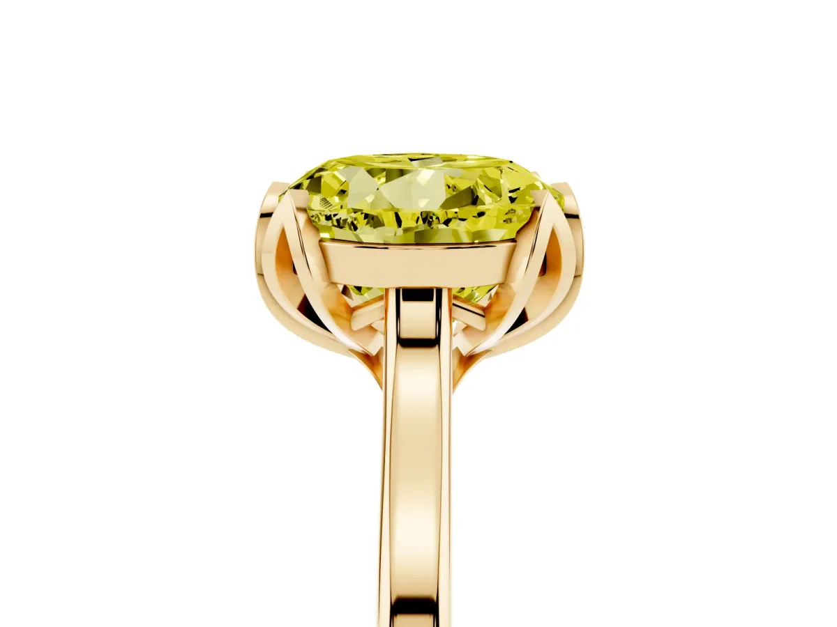 Fancy Yellow Round Cut Diamond Solitaire Ring with Flower Prong Setting and Classic Band Yellow gold