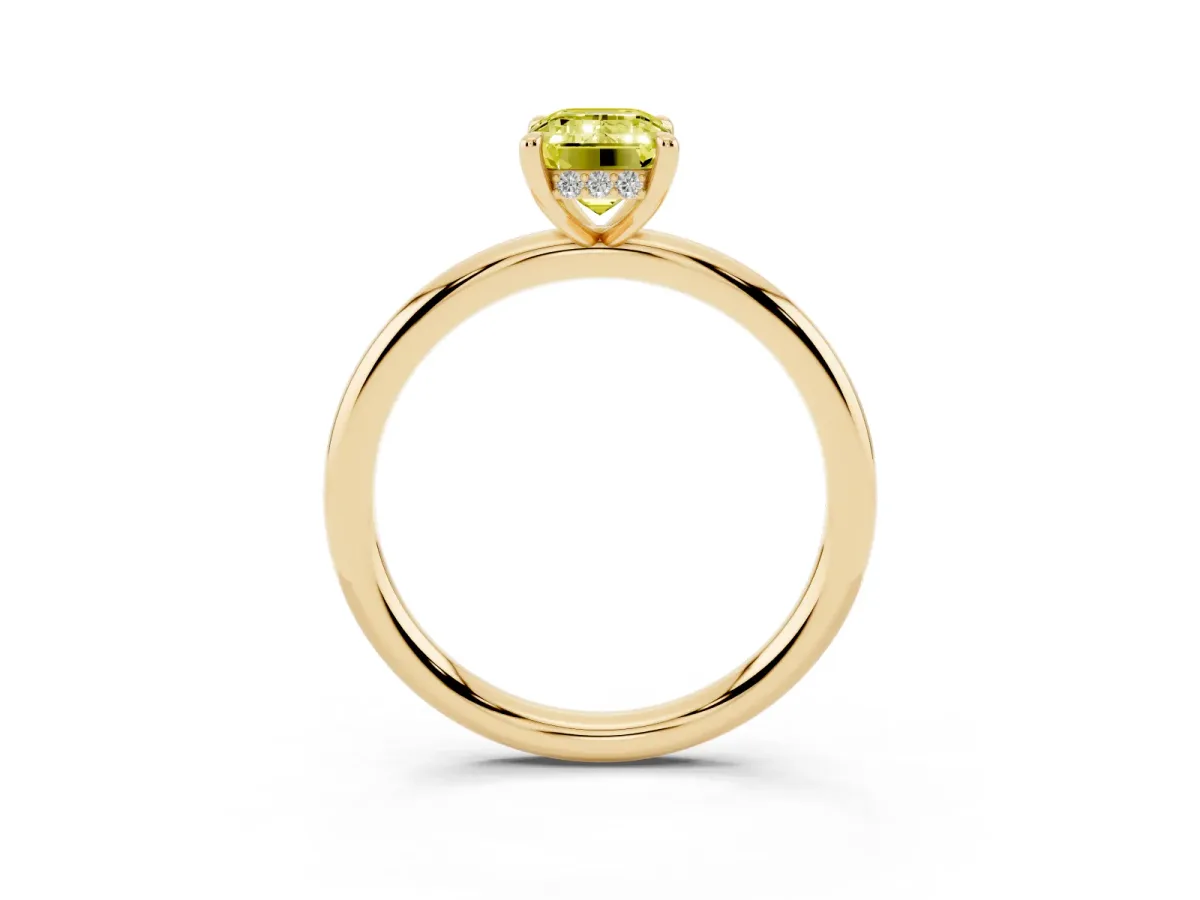 Fancy Yellow Emerald Cut Diamond Solitaire Ring with Thin Band and Four-Prong Setting Yellow gold