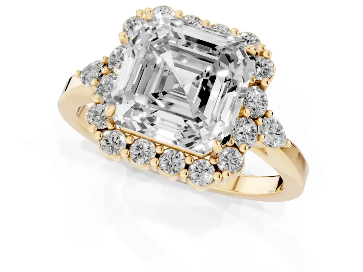 Asscher Cut Diamond Halo Ring with Pear Side Stones and Prong Setting Yellow gold
