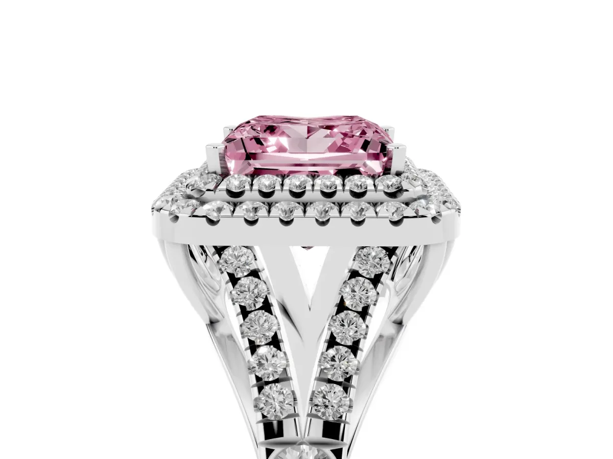Fancy Pink Princess Cut Cut Double Halo Split Shank Diamond Ring with Prong Setting White gold