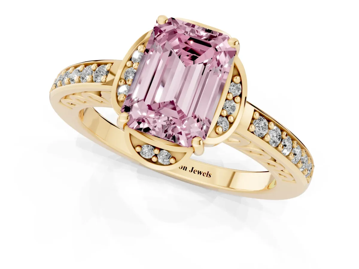 Fancy Pink Emerald Cut Cut Halo Diamond Ring with Channel Set Band and Four-Prong Setting Yellow gold