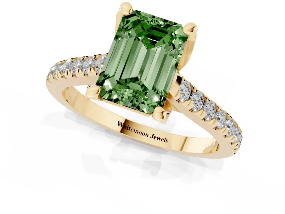Fancy Green Emerald Cut Brilliant Diamond Solitaire with Pavé Band and Four-Prong Setting Yellow gold