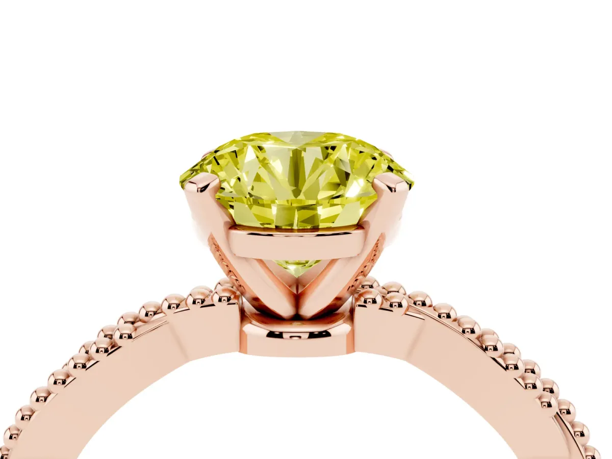 Fancy Yellow Round Cut Solitaire Twisted Band with Bead Prong Setting Rose gold