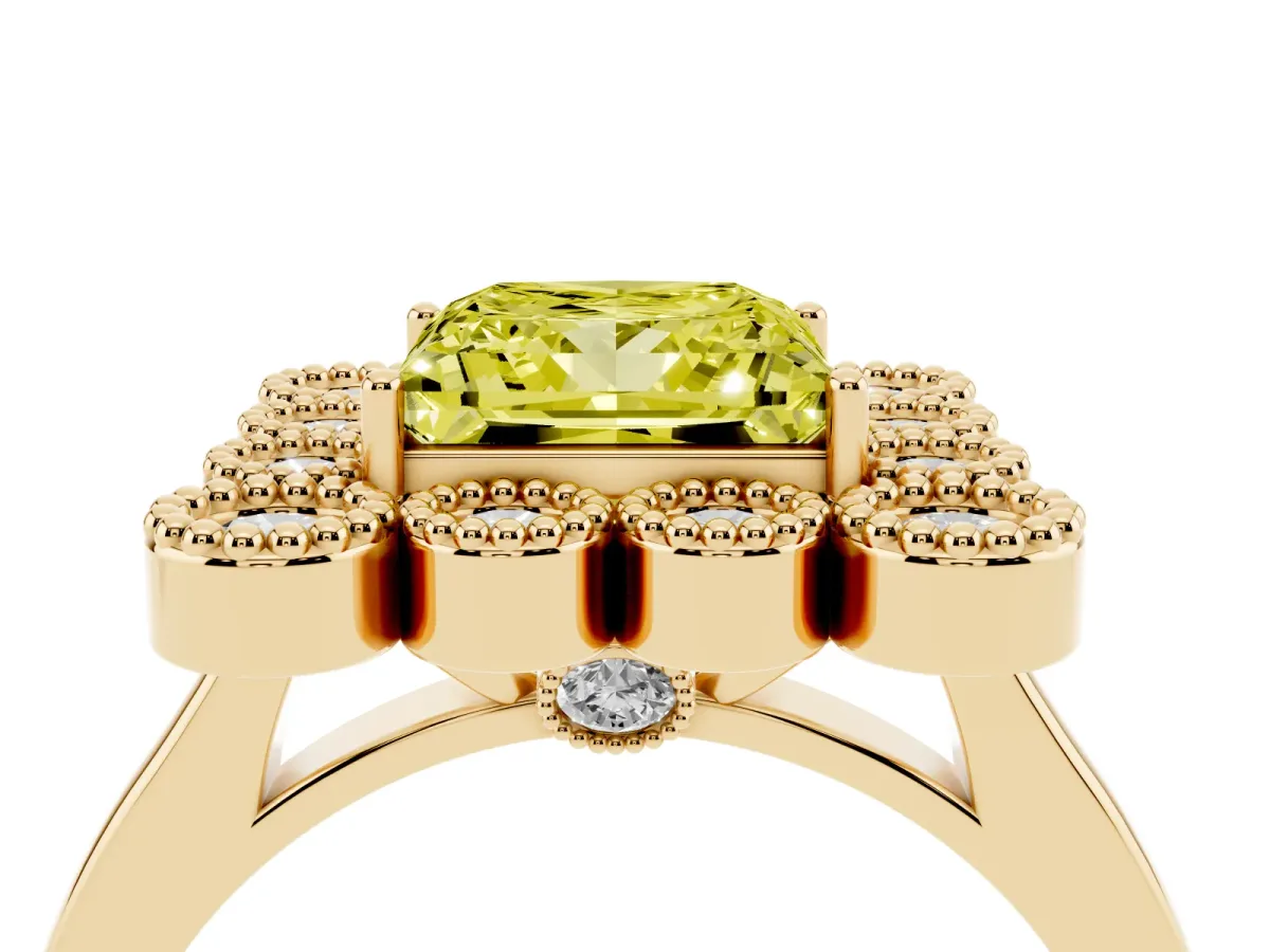Fancy Yellow Princess Cut Halo Diamond Cluster Engagement Ring with Milgrain Bezel Setting and Solitaire Band Yellow gold