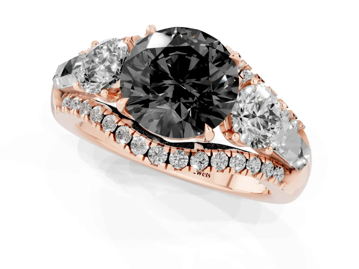 Fancy Black Three-Stone Round Cut Diamond Engagement Ring with Pave Band and Prong Setting Rose gold