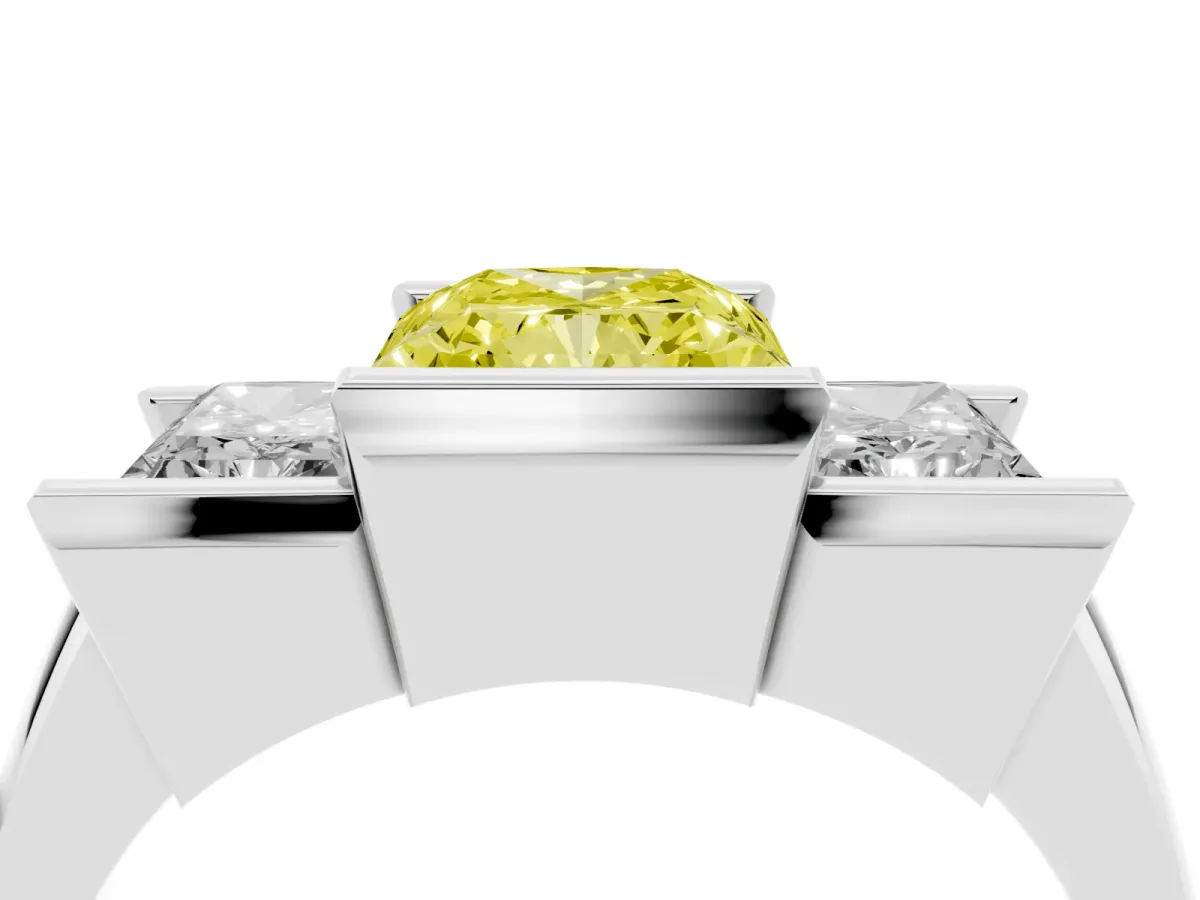 Fancy Yellow Three Stone Radiant Cut Cut Channel Set Diamond Ring Silver