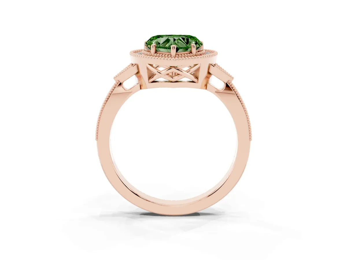 Fancy Green Heart Cut Halo Round Diamond Milgrain Pave Engagement Ring Rose gold