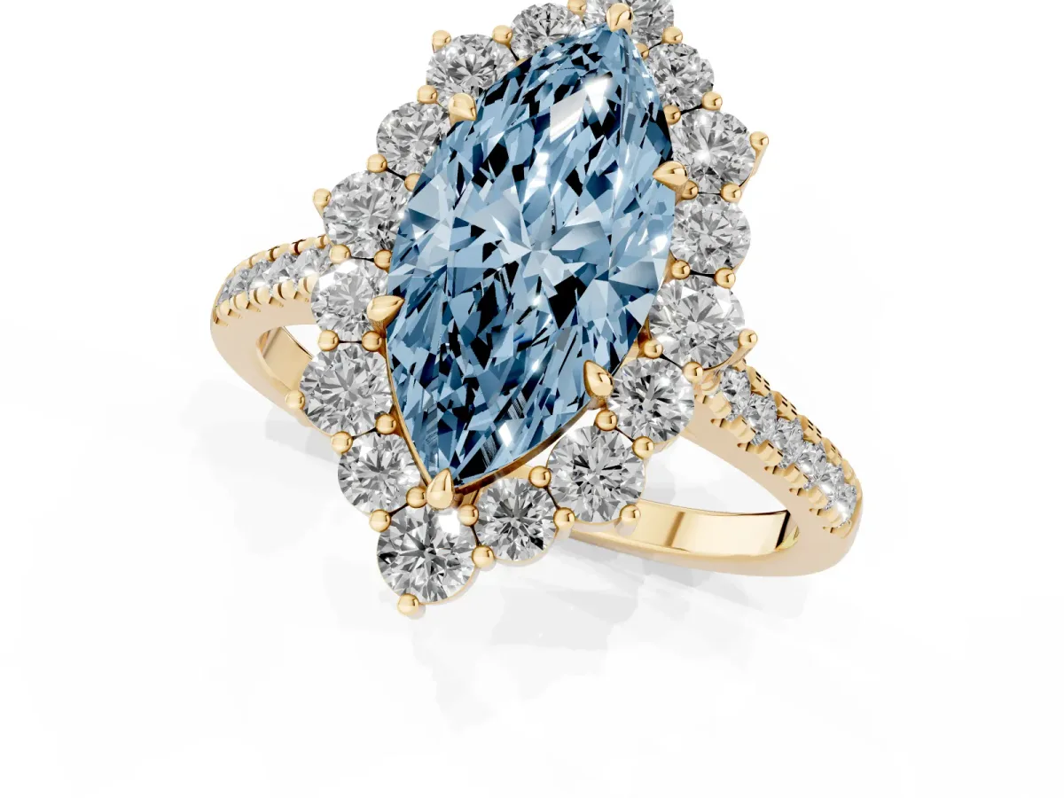 Fancy Blue Marquise Cut Halo Diamond Ring with Pavé Band and Prong Setting Yellow gold