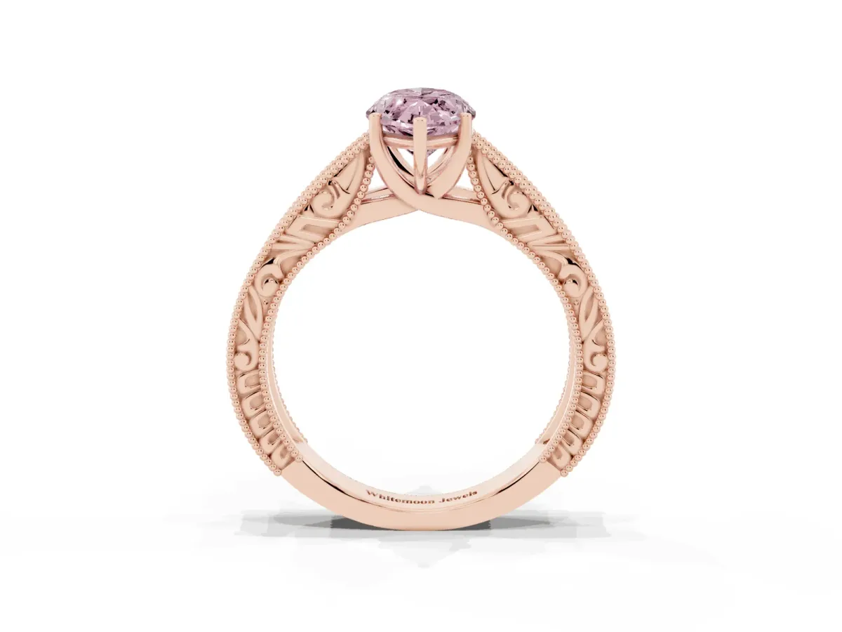 Fancy Pink Marquise Cut Diamond Solitaire Ring with Engraved Band and Four-Prong Setting Rose gold