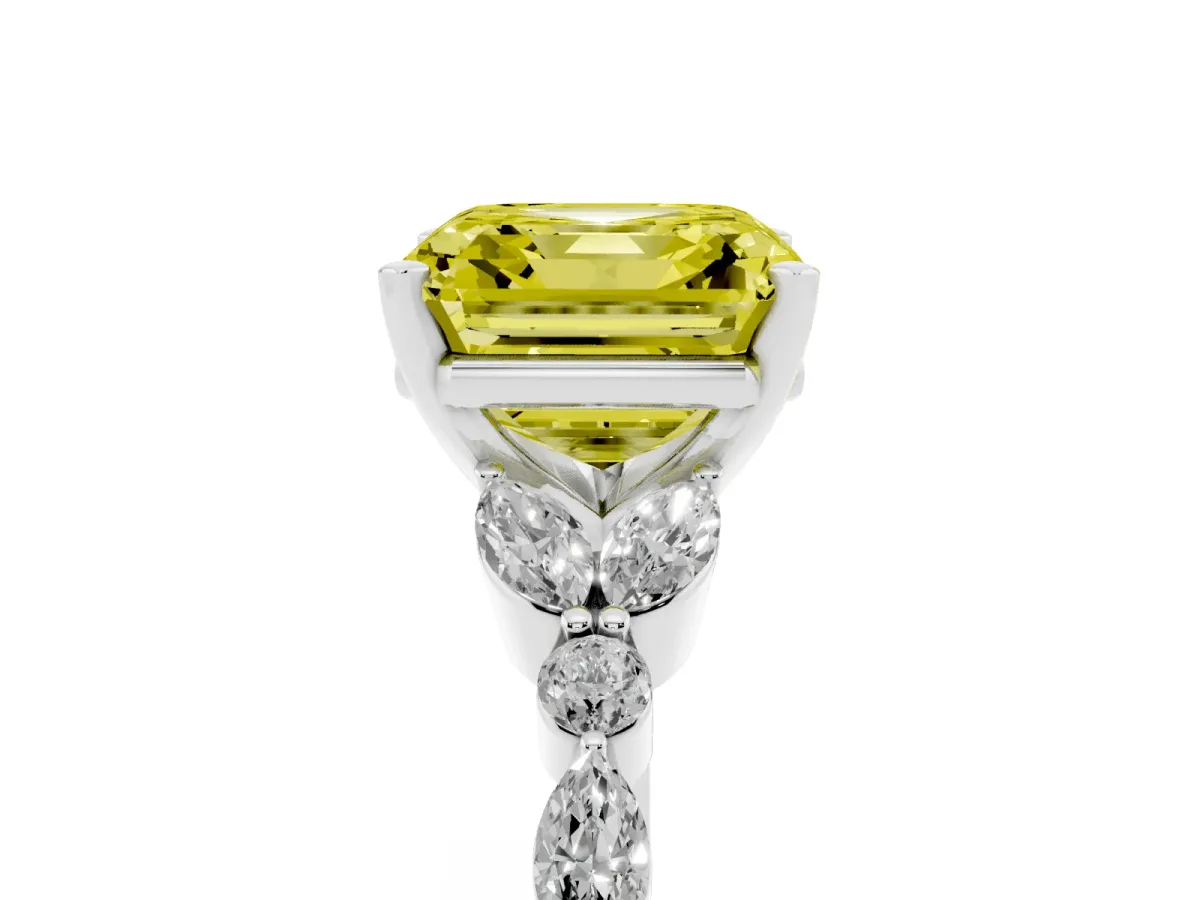 Fancy Yellow Asscher Cut Diamond Solitaire Ring with Side Stones and Four-Prong Setting Silver