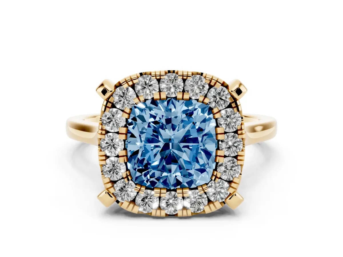 Fancy Blue Cushion Cut Diamond Cluster Halo Solitaire with Four-Prong Setting Yellow gold