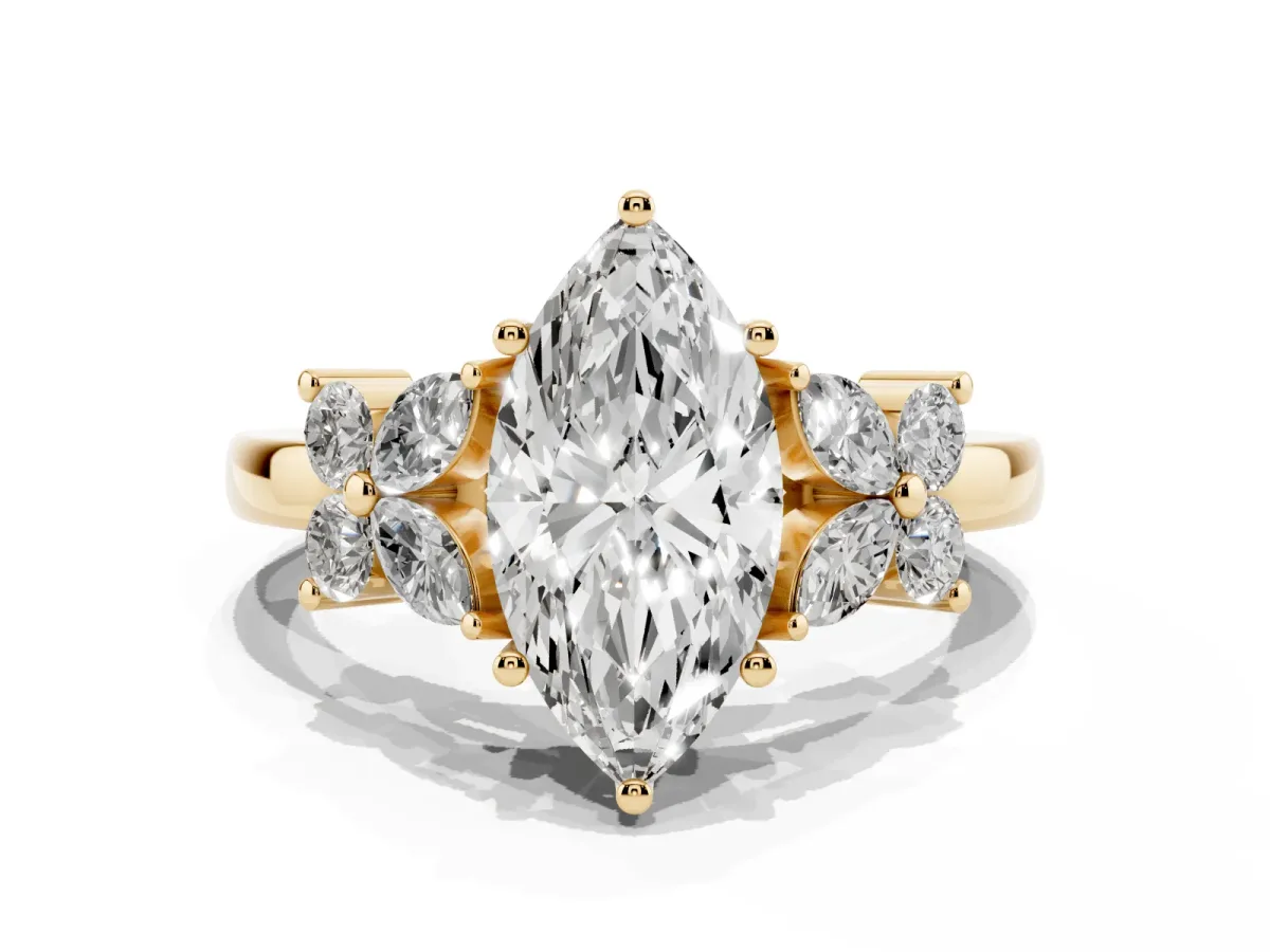 Marquise Cut Diamond Floral Cluster Ring with Solitaire Band and Prong Setting Yellow gold