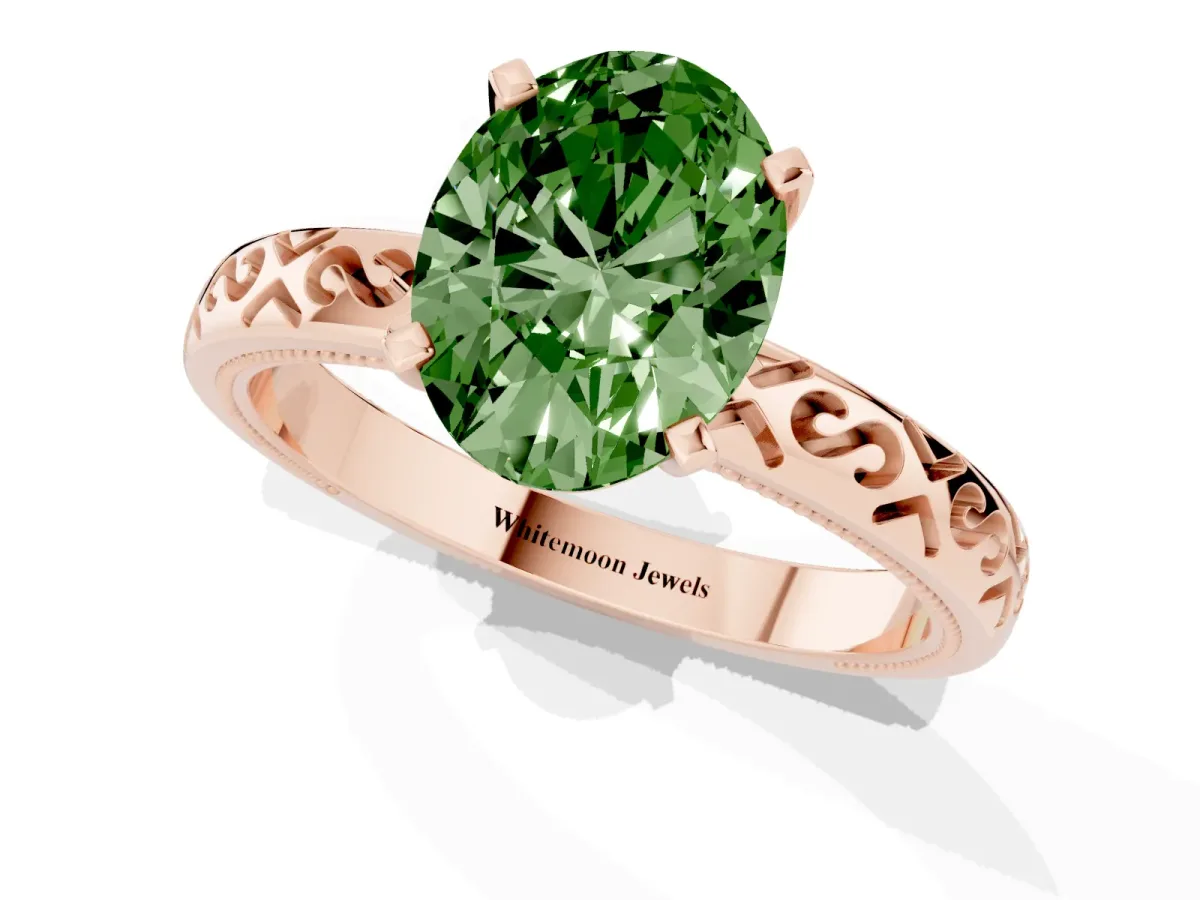 Fancy Green Oval Cut Solitaire Engagement Ring with Scrollwork Band and Four-Prong Setting Rose gold