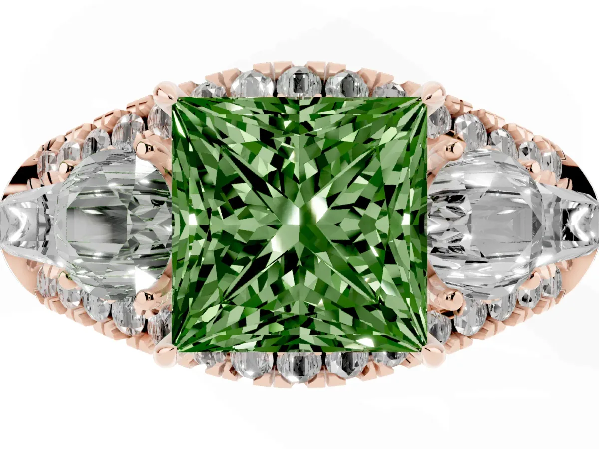 Fancy Green Three-Stone Princess Cut Diamond Engagement Ring with Pave Band and Prong Setting Rose gold