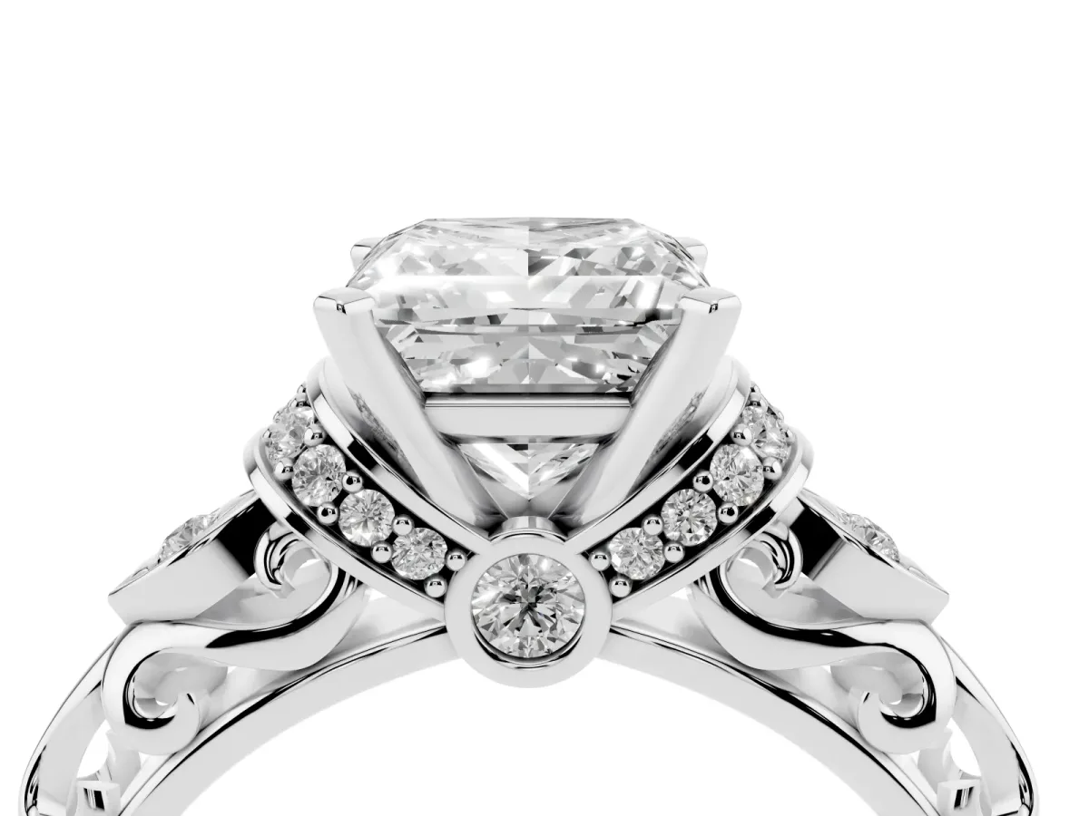 Princess Cut Diamond Solitaire Ring with Filigree Band and Four-Prong Setting Silver