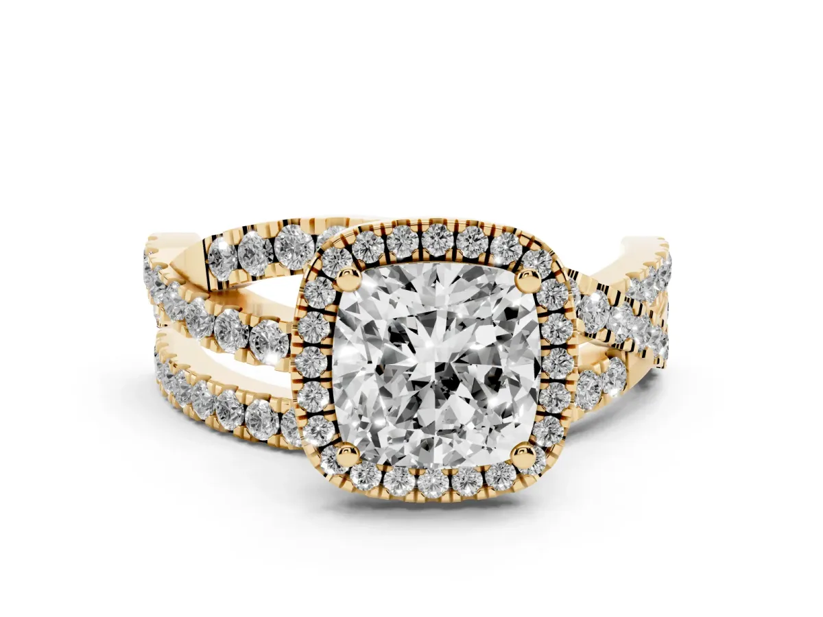 Cushion Cut Diamond Halo Ring with Round Split Shank and Prong Setting Yellow gold