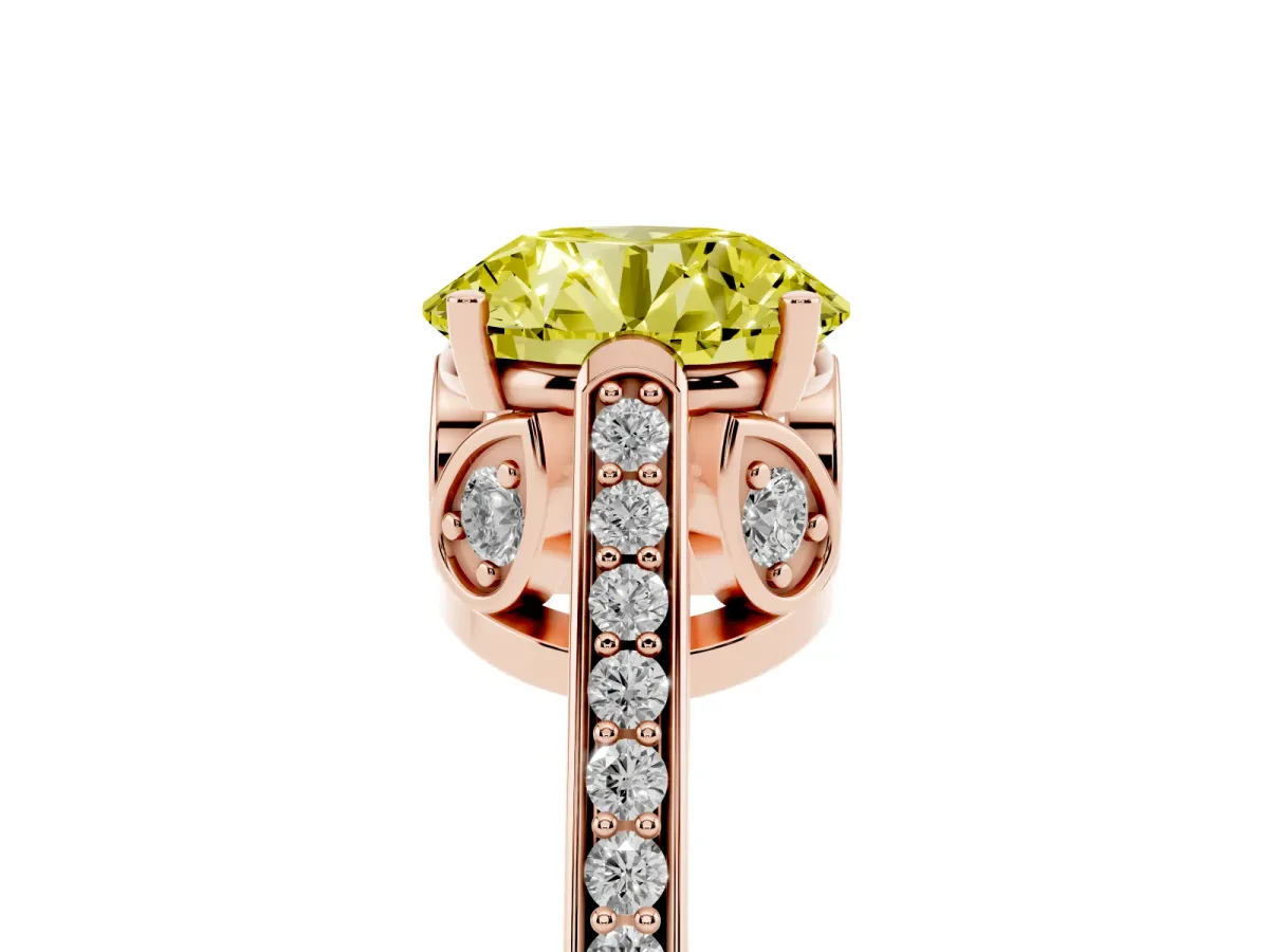Fancy Yellow Round Cut Cut Cathedral Pave Diamond Engagement Ring with Six-Prong Setting Rose gold