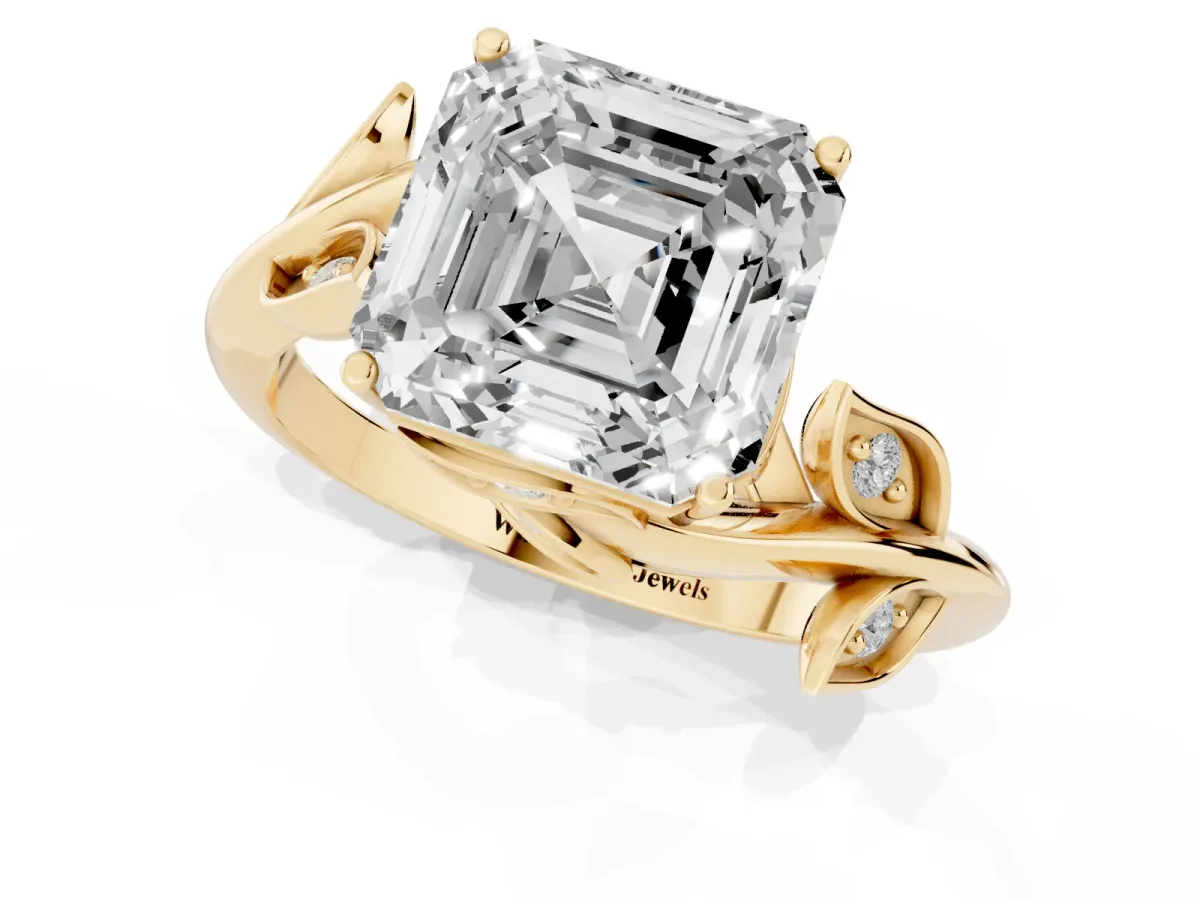 Asscher Cut Solitaire Twist Engagement Ring with Leaf Accents and Prong Setting Yellow gold