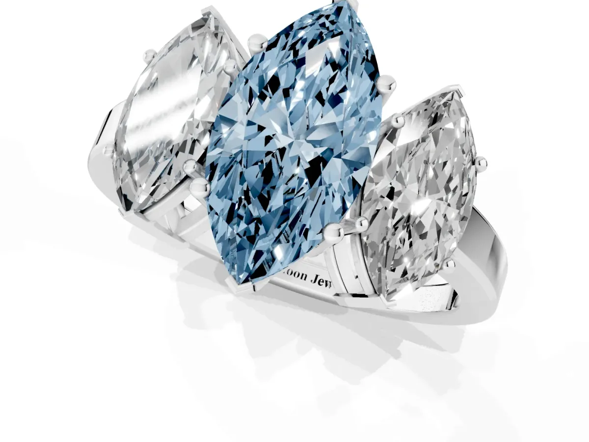 Fancy Blue Three-Stone Marquise Cut Cut Diamond Engagement Ring with Flat Band and Four-Prong Setting Silver