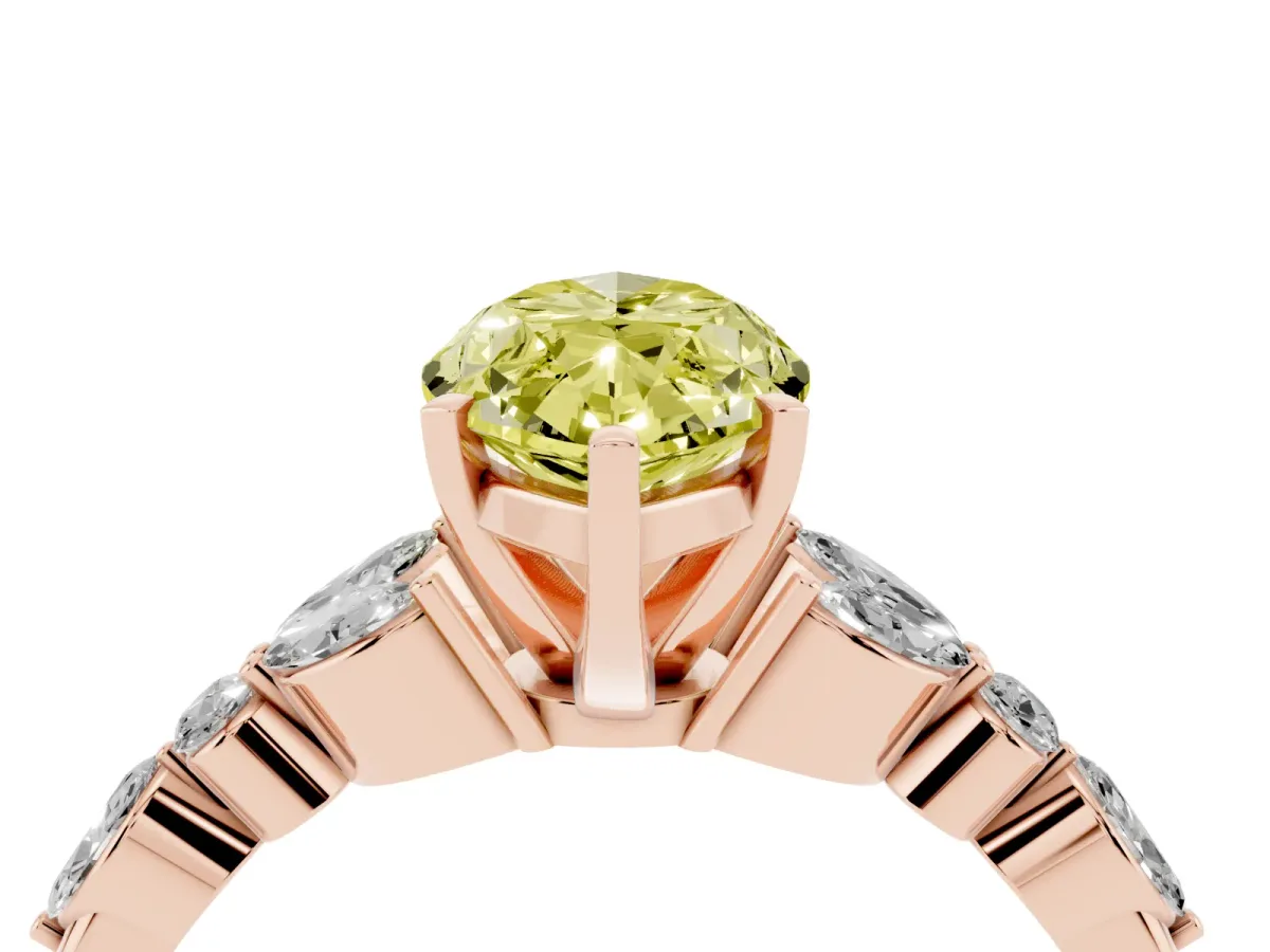 Fancy Yellow Marquise Cut Diamond Solitaire Ring with Side Stones and Four-Prong Setting Rose gold