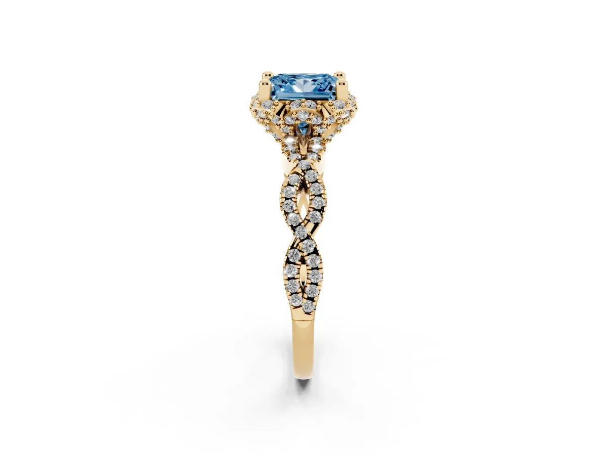 Fancy Blue Princess Cut Halo Twist Band Solitaire Ring with Six-Prong Setting Yellow gold