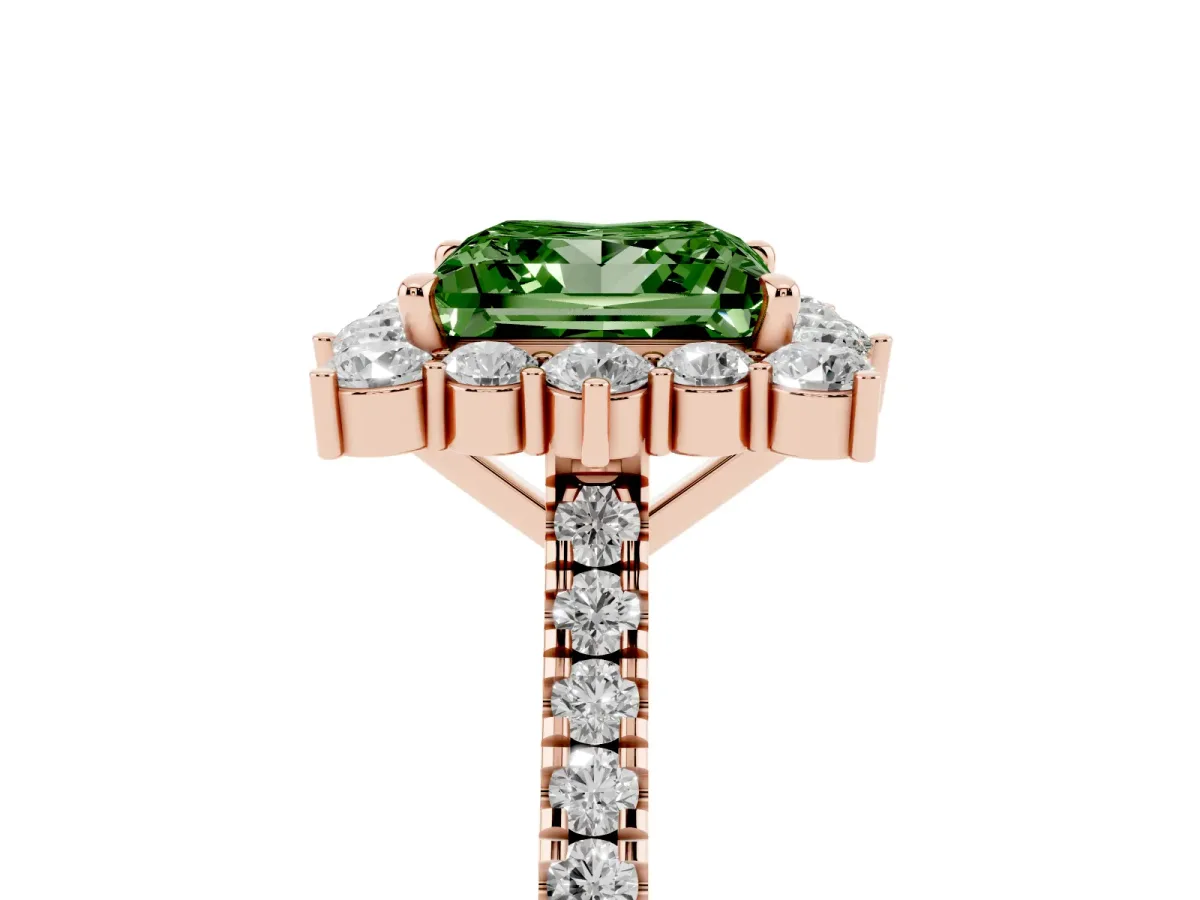 Fancy Green Princess Cut Halo Diamond Ring with Pavé Band and Prong Setting Rose gold