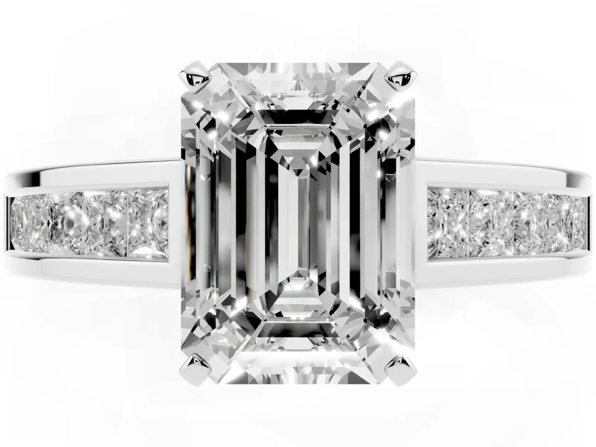 Emerald Cut Solitaire Diamond Ring with Channel-Set Band and Four-Prong Setting Platinum