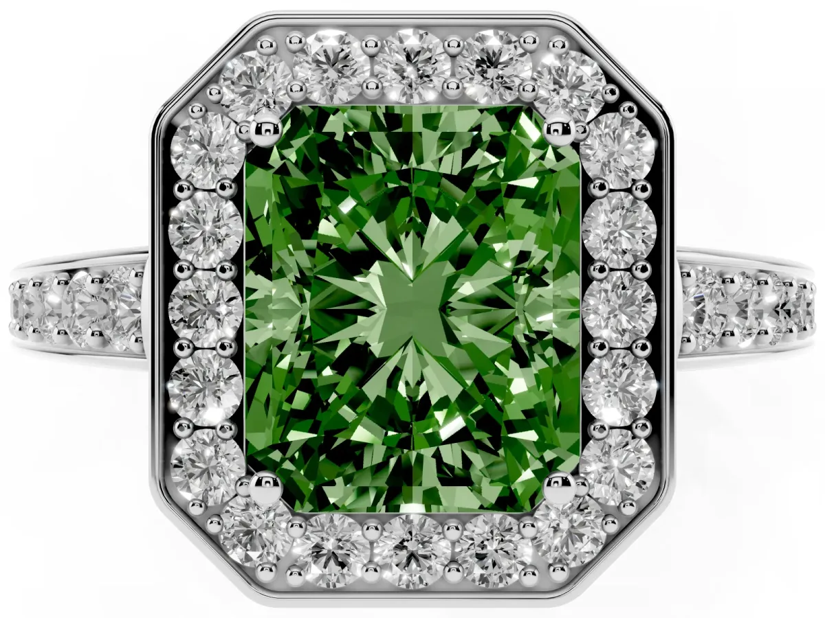 Fancy Green Radiant Cut Halo Pavé Diamond Engagement Ring with Bezel Setting White gold