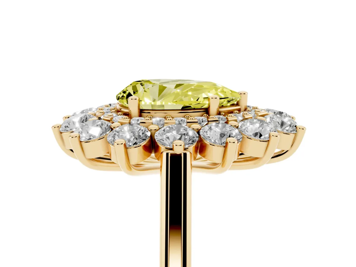 Fancy Yellow Pear Cut Diamond Floral Double Halo Engagement Ring with Prong Setting Yellow gold