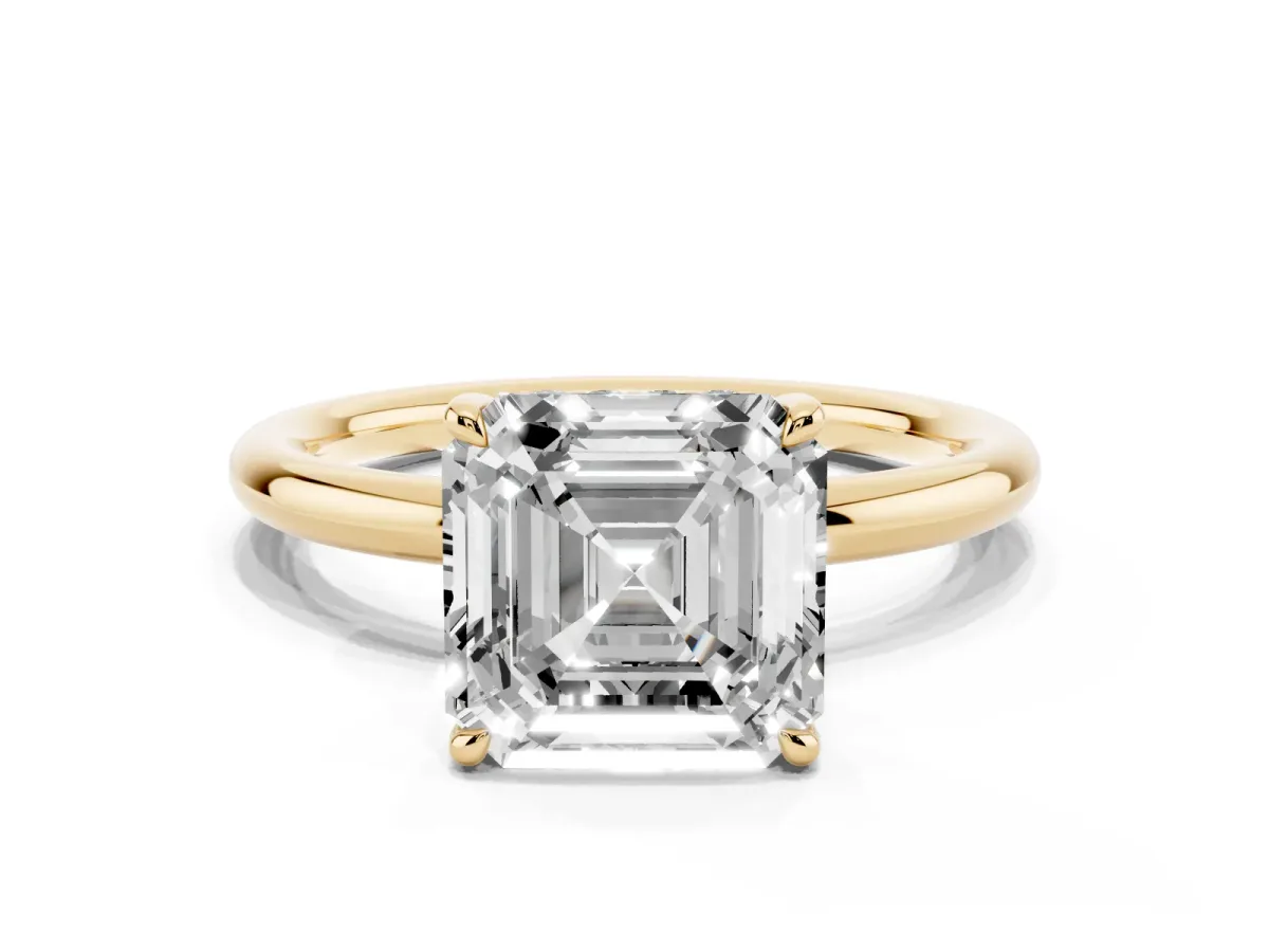 Asscher Cut Diamond Solitaire Ring with Thin Band and Four-Prong Setting Yellow gold