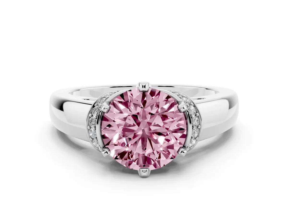 Fancy Pink Round Cut Solitaire Diamond Ring with Pave Band and Six-Prong Setting Silver