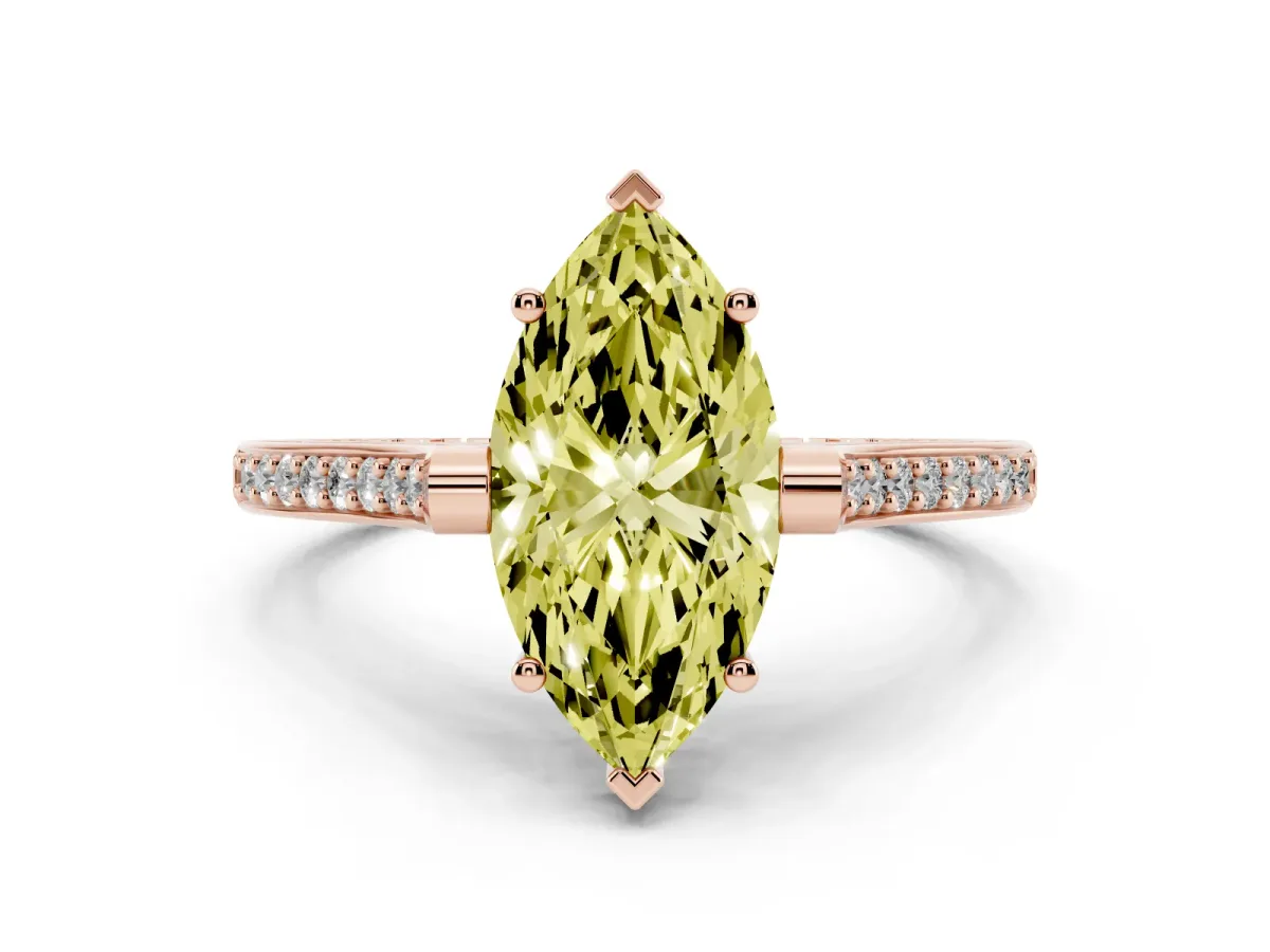Fancy Yellow Marquise Cut Solitaire Diamond Ring with Channel Set Band and Bezel Prong Setting Rose gold