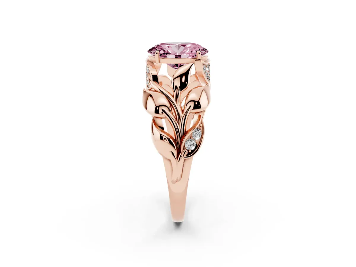 Fancy Pink Oval Cut Diamond Leaf-Inspired Engagement Ring with Round Accents and Prong Setting Rose gold