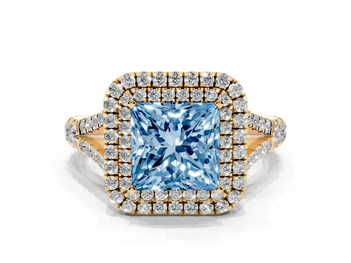 Fancy Blue Princess Cut Diamond Double Halo Ring with Split Shank and Prong Setting Yellow gold