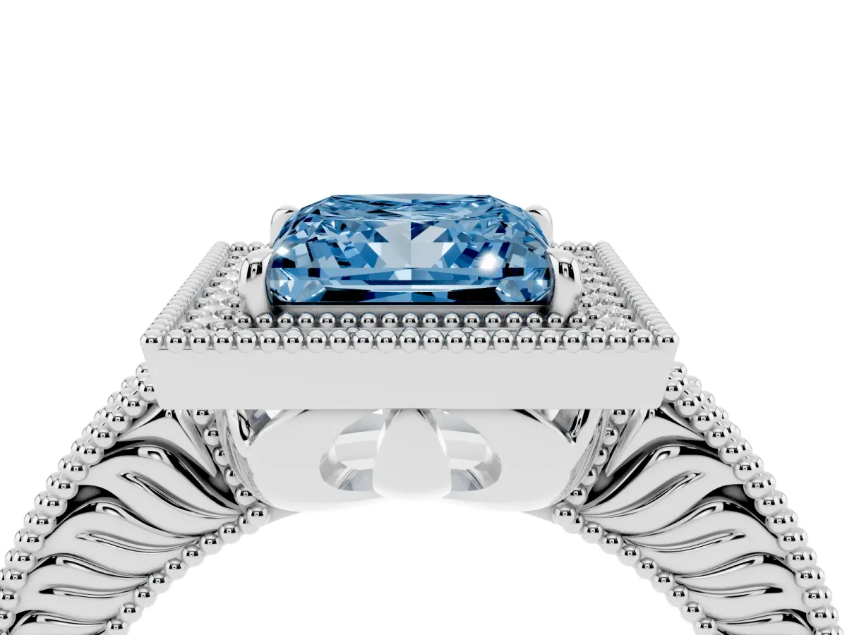 Fancy Blue Princess Cut Cut Halo Diamond Ring with Pavé Band and Four-Prong Setting Platinum